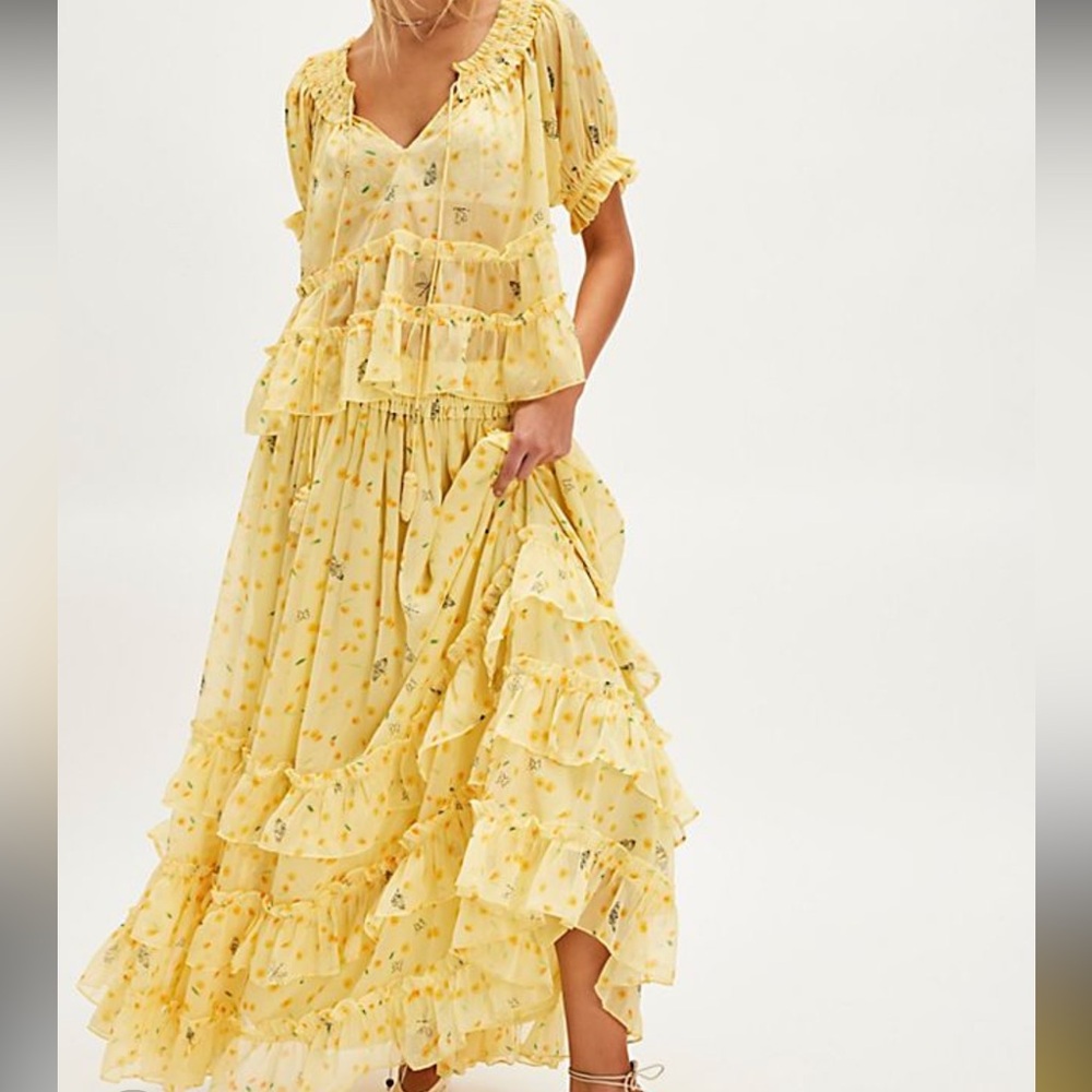 Free People Yellow Floral Ruffled Maxi Skirt Set